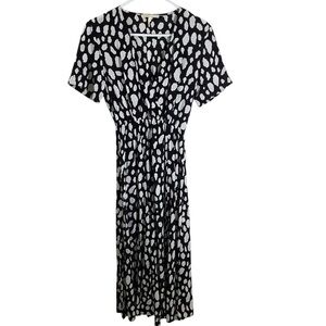 Maje Black and White Printed Crepe Wrap Midi Dress